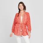 Women's Short Sleeve Tie Front Kimono Jacket - Xhilaration Valiant Poppy/white Sand
