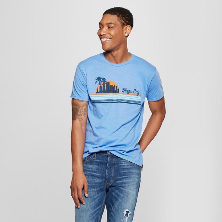 Men's Short Sleeve Magic City Sunset Skyline Graphic T-shirt - Awake Blue