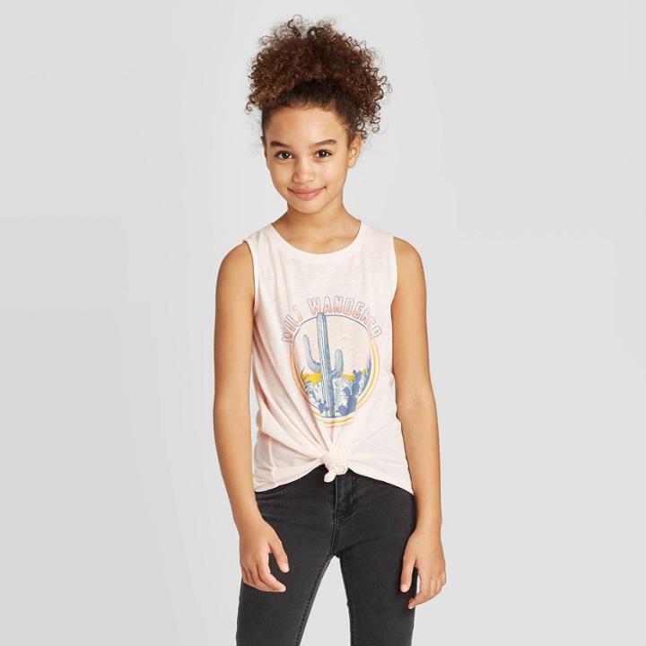 Girls' Tie-front Glow In The Dark Cactus Tank Top - Art Class Pink S, Girl's,