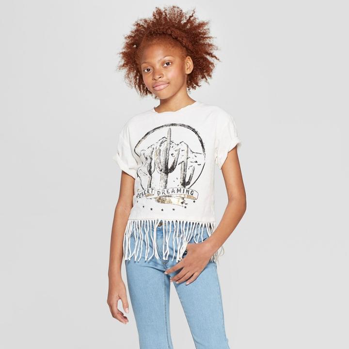 Girls' Short Sleeve Raw Edge Fringe T-shirt - Art Class Cream
