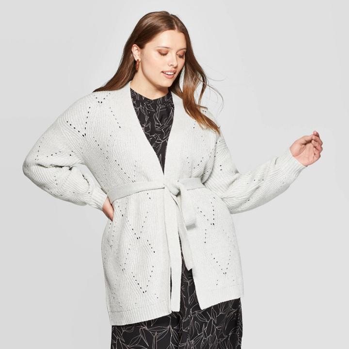 Women's Plus Size Long Sleeve Open Layering Pointelle Stitch Cardigan - A New Day Light Heather Gray X, Light Grey Gray