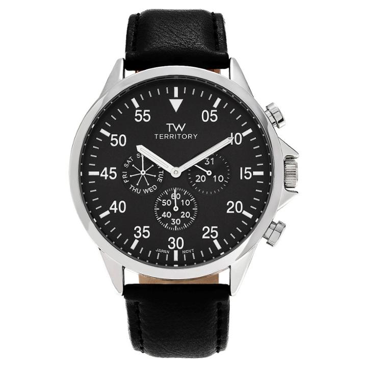 Men's Territory Polished Bezel Round Face Strap Watch - Black