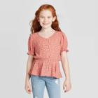 Petitegirls' Button-front V-neck Short Sleeve T-shirt - Art Class Orange M, Girl's,