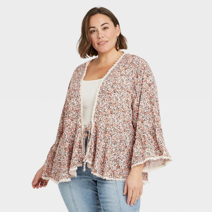 Women's Plus Size Floral Print Tie-front Kimono Jacket - Knox Rose Pink