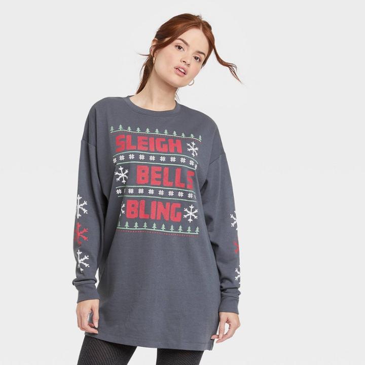 Grayson Threads Women's Holiday Sleigh Bells Bling Long Sleeve Graphic Sweatshirt Dress - Dark Gray