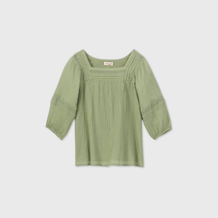 Girls' Long Sleeve Embroidered Woven Top - Cat & Jack Green