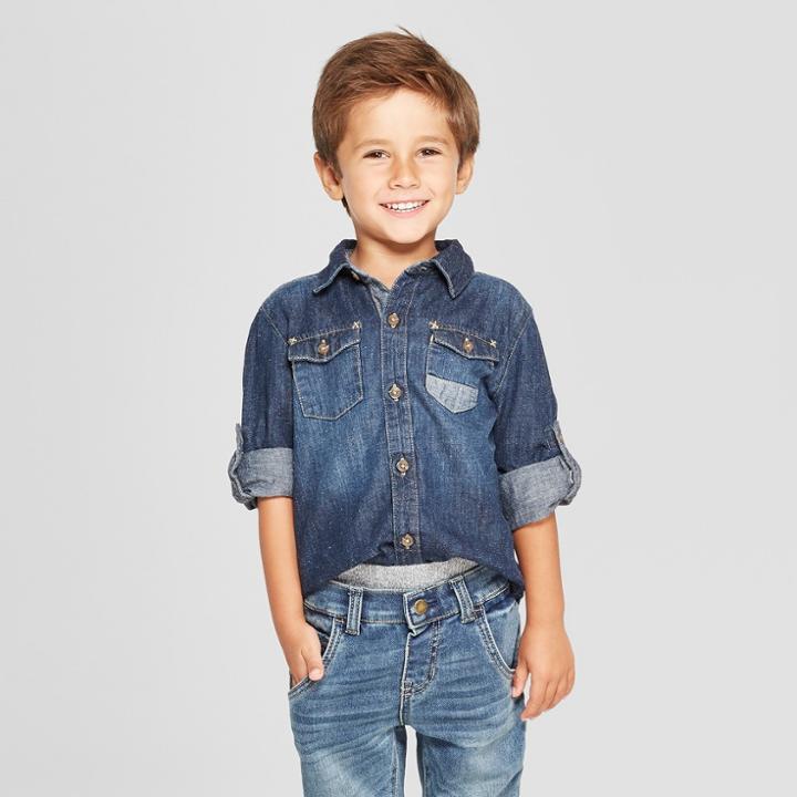 Genuine Kids From Oshkosh Toddler Boys' Long Sleeve Denim Shirt - Dark Blue