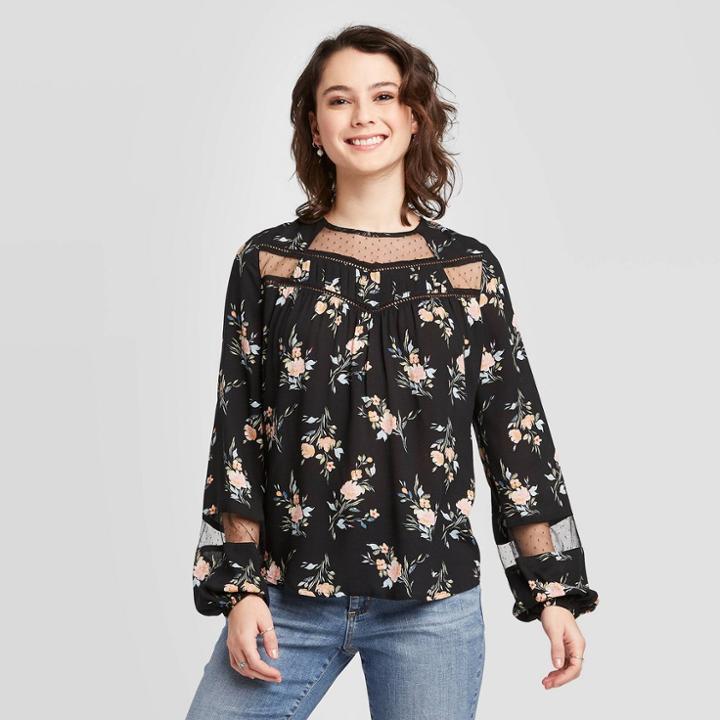 Women's Floral Print Long Sleeve Round Neck Mesh Inserts Top - Xhilaration Black