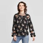 Women's Floral Print Long Sleeve Round Neck Mesh Inserts Top - Xhilaration Black