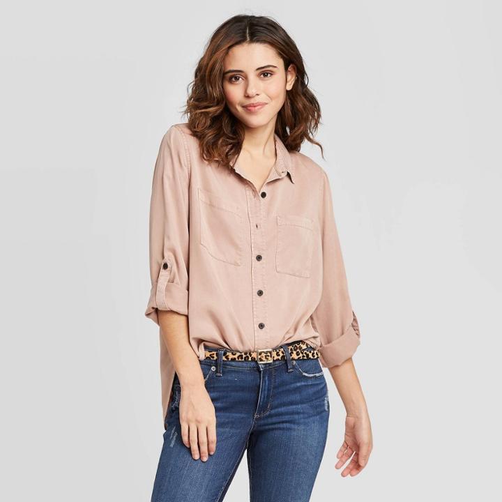 Women's Long Sleeve Collared Button-down Shirt - Universal Thread Pink