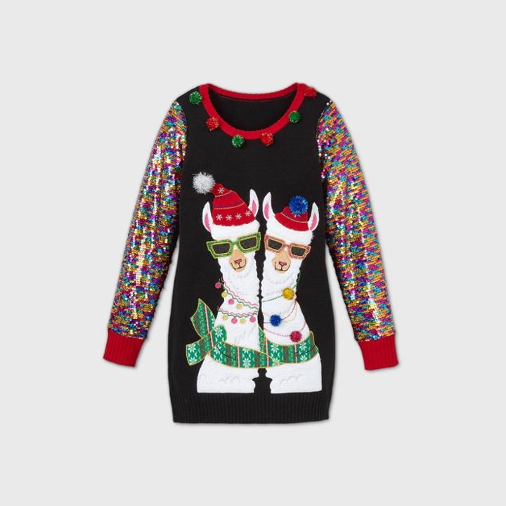 33 Degrees Women's Llama Sequin Graphic Pullover Sweater - Black