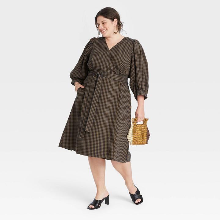 Women's Plus Size Gingham 3/4 Sleeve Wrap Dress - A New Day Blue/green