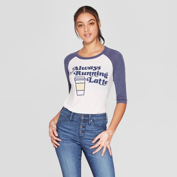 Women's 3/4 Sleeve Always Running Latte Raglan Graphic T-shirt - Awake White/navy M,