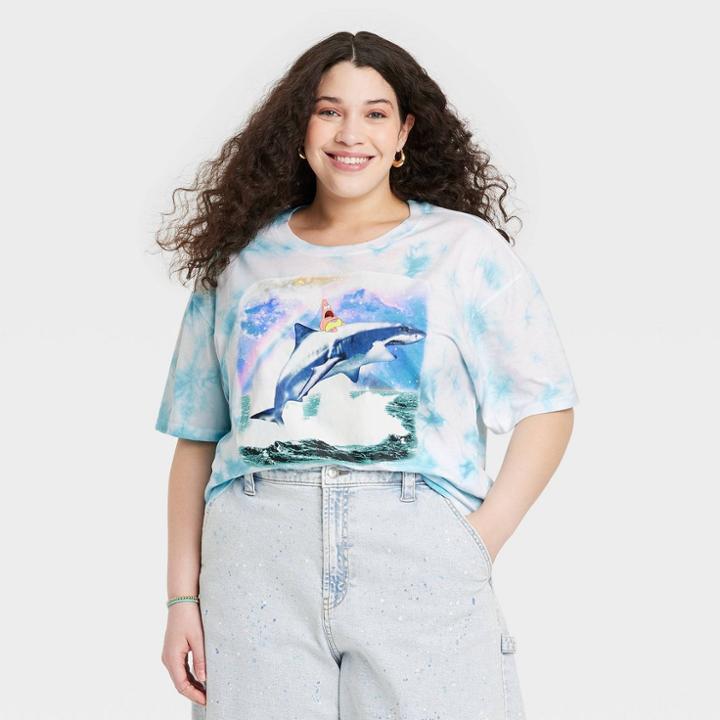 Spongebob Squarepants Women's Patrick And Shark Plus Size Oversized Short Sleeve Graphic T-shirt - Blue Tie-dye