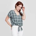 Women's Plaid Short Sleeve V-neck Button-front Tie Front Top - Universal Thread Green