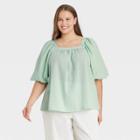 Women's Plus Size Puff Short Sleeve Blouse - A New Day Green