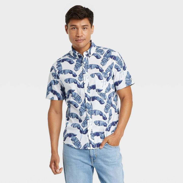 Men's Printed Standard Fit Stretch Poplin Short Sleeve Button-down Shirt - Goodfellow & Co Natural White