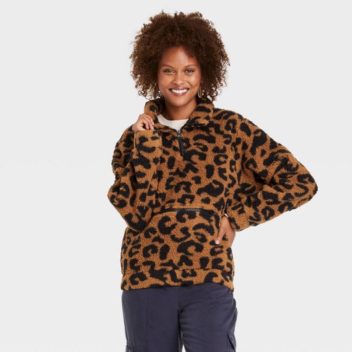 Women's Sherpa Quarter Zip Jacket - Knox Rose Brown Leopard Print