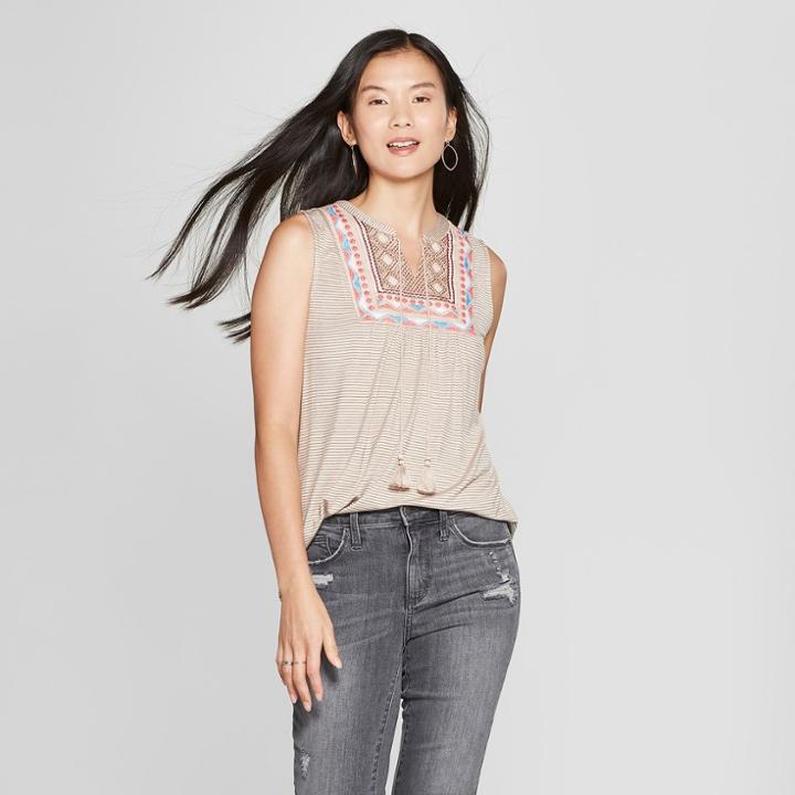 Women's Striped Embroidered Tassel Tank Top - Knox Rose Oatmeal