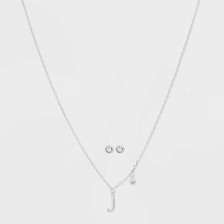 Silver Plated Cubic Zirconia Initial 'j' Chain Pendant Necklace And Earring Set - A New Day