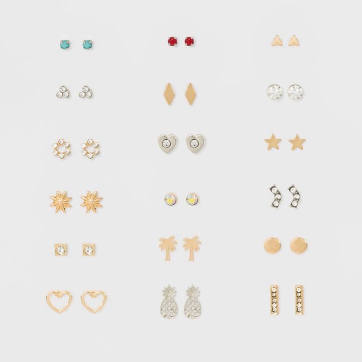 Target Eighteen Piece Multi With Palm Tree, Pineapple, Star And Heart Earring Set,