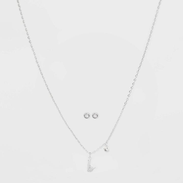 Silver Plated Cubic Zirconia Initial 'b' Chain Pendant Necklace And Earring Set - A New Day
