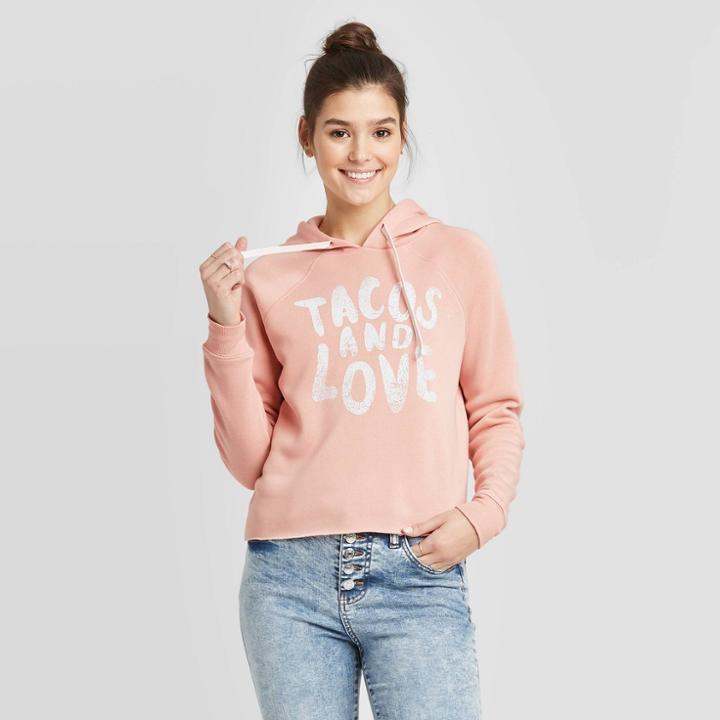 Women's Tacos And Love Cropped Hoodie Sweatshirt - Grayson Threads (juniors') - Pink