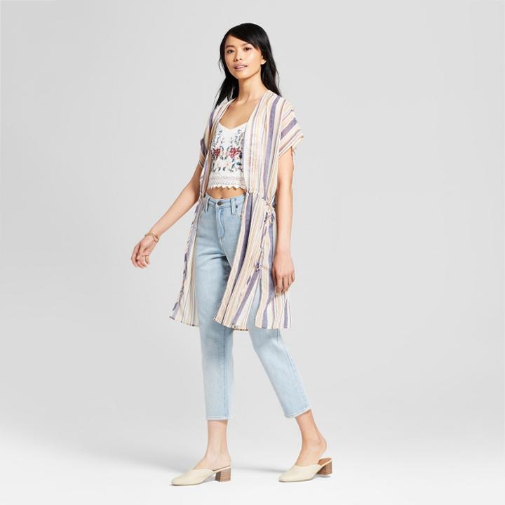 Women's Short Sleeve Striped Sheer Stripe Kimono - Xhilaration Ivory