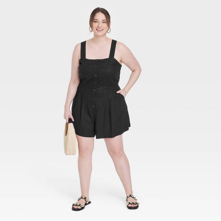 Women's Plus Size Sleeveless Crossback Linen Romper Dress - A New Day Black