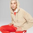 Men's Long Sleeve Teddy Bear 1/2 Zip Sherpa Hooded Sweatshirt - Original Use Brown Taupe