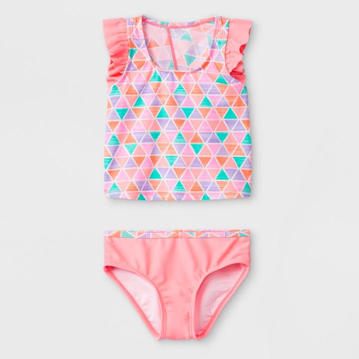 Malibu Dream Girl Girls' Textured Pyramid Tankini Set - Coral 5,