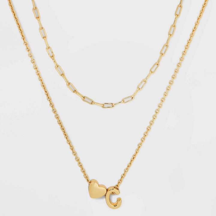 14k Gold Dipped 'c' Initial With Heart Chain Necklace - A New Day Gold