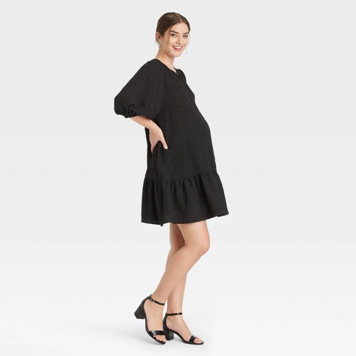 The Nines By Hatch Puff 3/4 Sleeve Maternity Dress Black