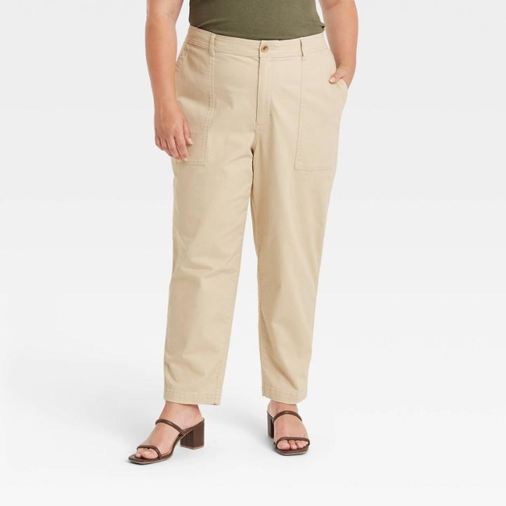 Women's Plus Size High-rise Utility Ankle Pants - A New Day Tan