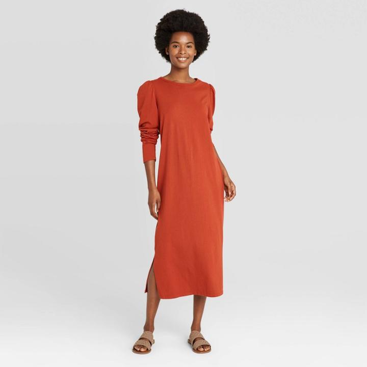 Women's Puff Long Sleeve T-shirt Dress - Universal Thread Rust