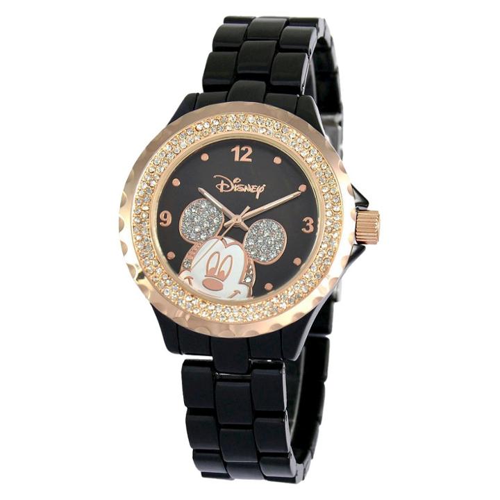 Women's Disney Mickey Mouse Bezel Enamel Sparkle Watch - Black,
