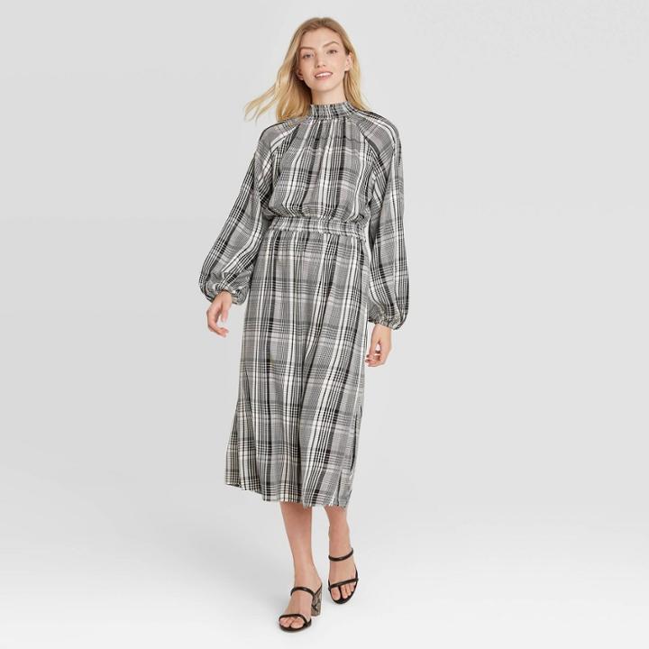 Women's Plaid Long Sleeve Smocked Dress - A New Day Black/white