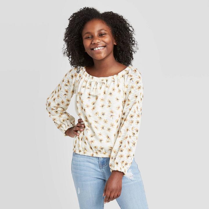 Girls' Long Sleeve Floral Print - Art Class White S, Girl's,