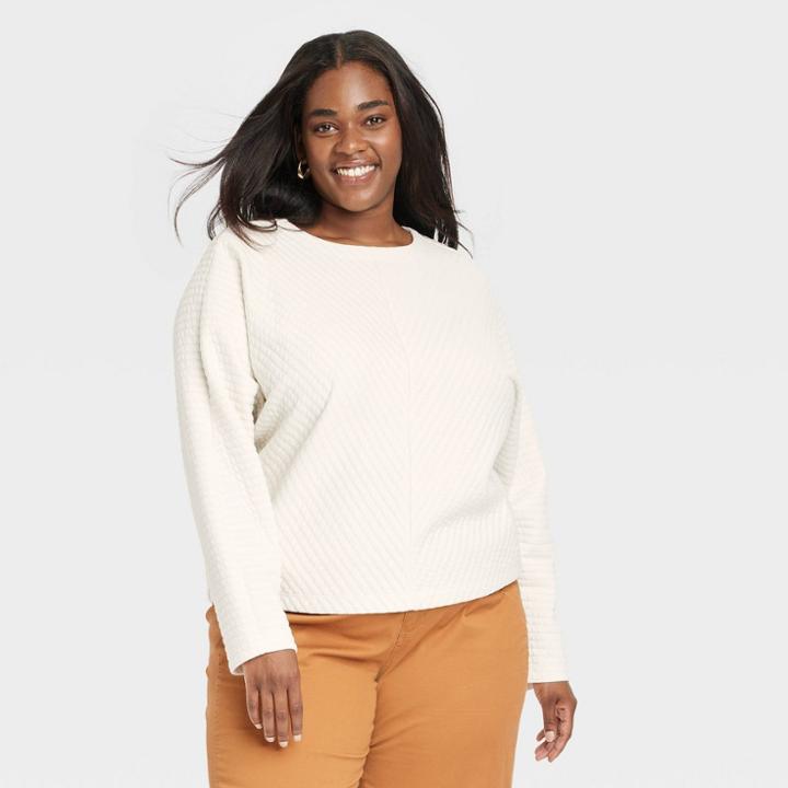 Women's Plus Size Long Sleeve Boat Neck Ottoman Top - A New Day Cream