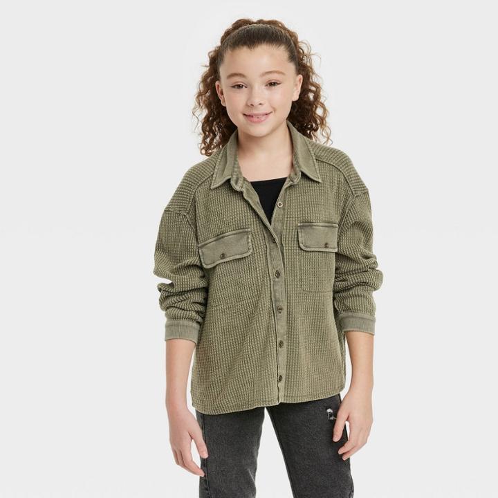 Girls' Waffle Button-up Shacket - Art Class Olive Green