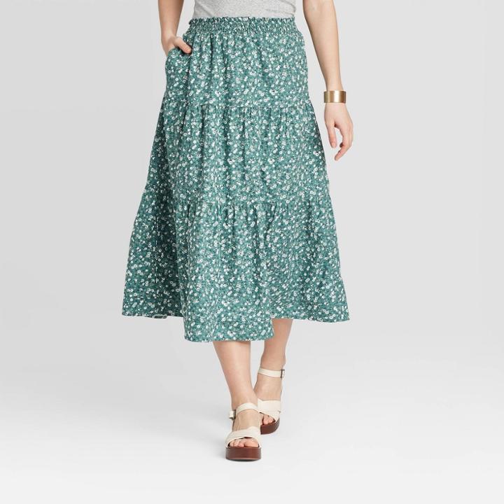 Women's Floral Print Mid-rise Tiered Skirt - Universal Thread Green