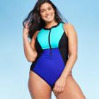 Women's Zip-up One Piece Swimsuit - Aqua Green Blue M, Women's,
