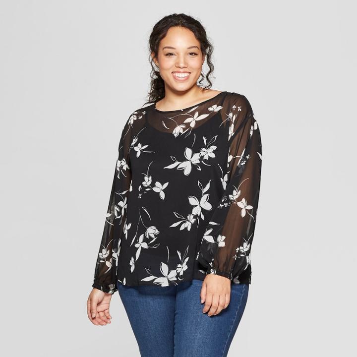 Women's Plus Size Floral Print Long Sleeve Crew Neck Chiffon Blouse - Ava & Viv Navy