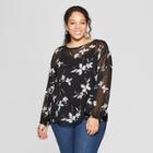 Women's Plus Size Floral Print Long Sleeve Crew Neck Chiffon Blouse - Ava & Viv Navy