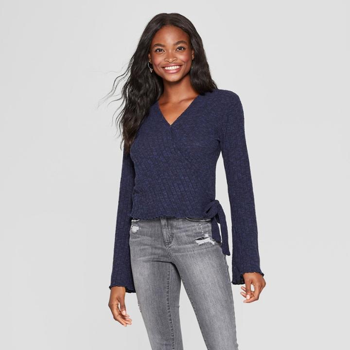 Women's Long Sleeve Ribbed Hacci Wrap Top - Xhilaration Blue