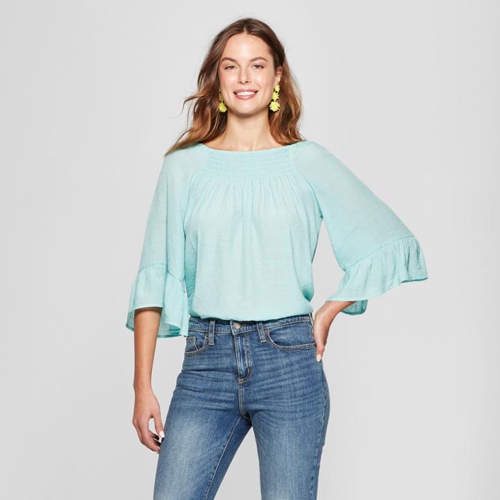 Women's 3/4 Sleeve Smocked Neck Blouse - Spenser Jeremy - Blue