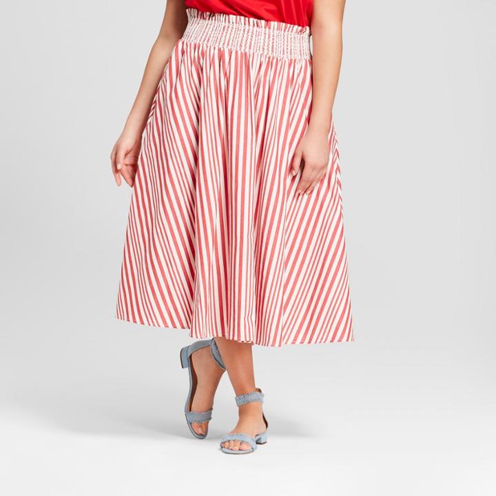 Women's Plus Size Striped Smocked Waist Midi Skirt - Who What Wear Red