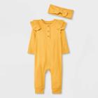 Baby Girls' Ruffle Shoulder Placket Ribbed Romper With Headband - Cat & Jack Yellow Newborn