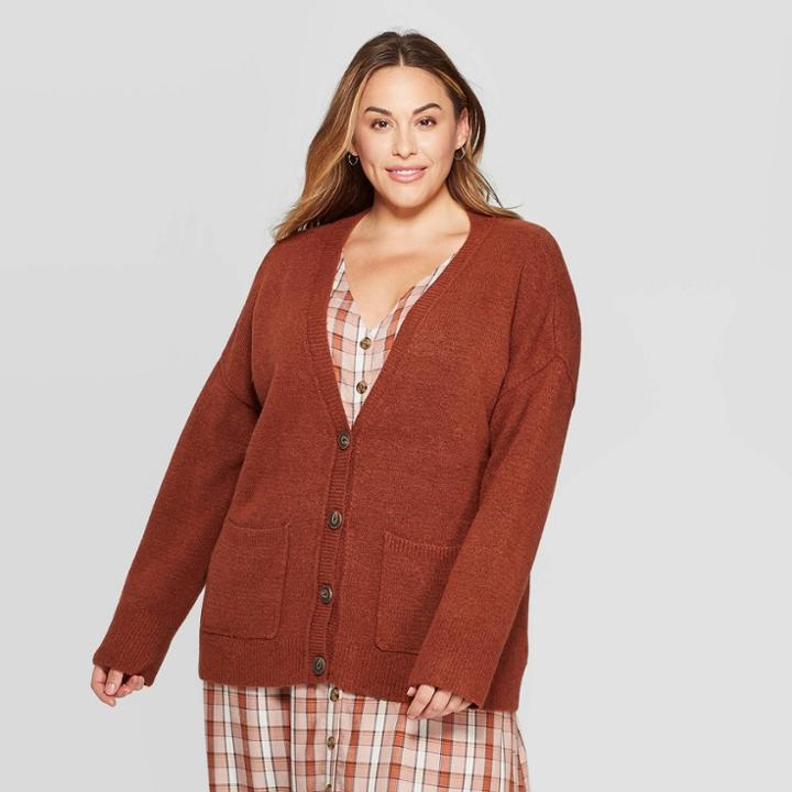 Women's Plus Size Long Sleeve V-neck Short Grandpa Cardigan - Universal Thread Brown X