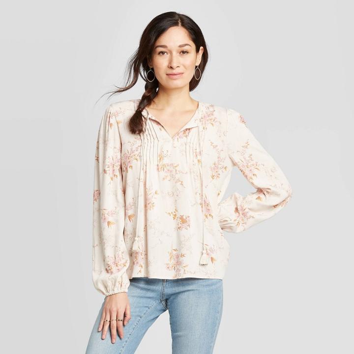 Women's Floral Print Long Sleeve Split Neck Blouse - Knox Rose Pink